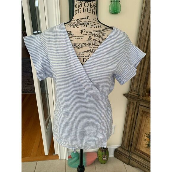 Vineyard Vines Blue White Striped Wrap Tie Top Linen - Picture 9 of 10